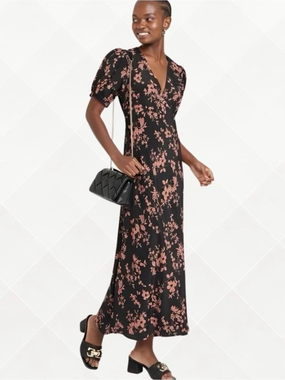 a new day Floral V-Neck Puff Sleeve Maxi Dress - Black with Brown Floral